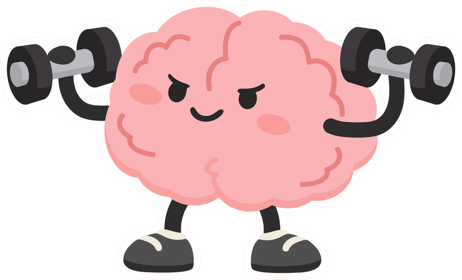 The StudyBuff mascot: a pink brain lifting two dumbbells.