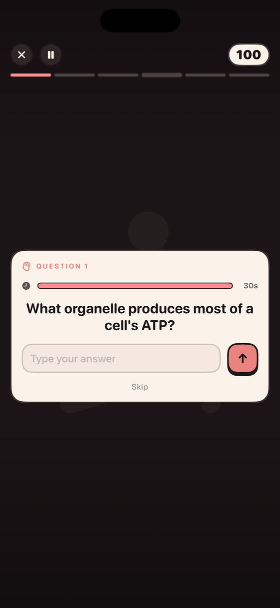A question card asking which organelle produces most of a cell's ATP.