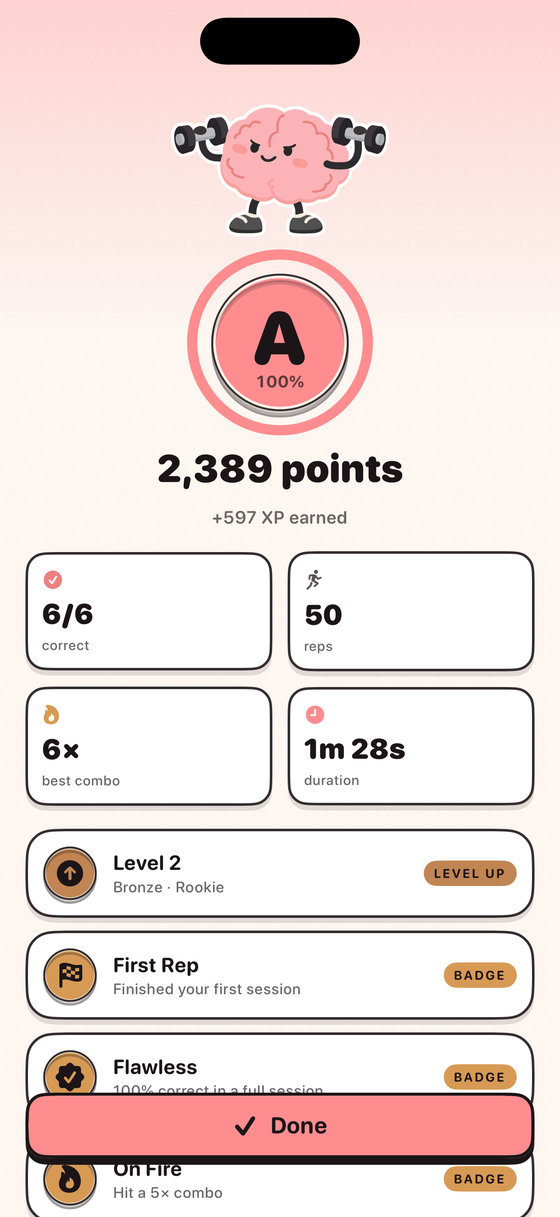 A session summary: grade A, one hundred percent, level up.